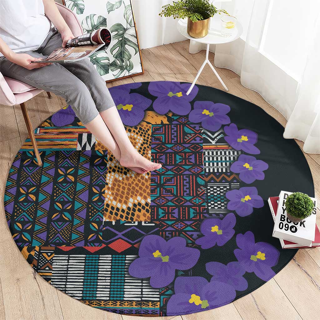 Africa Violets Flowers Round Carpet Mix Native Tribal Pattern