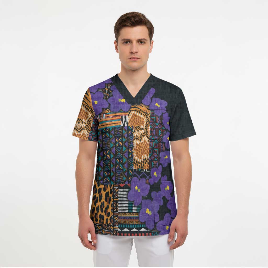 Africa Violets Flowers Scrub Top Mix Native Tribal Pattern
