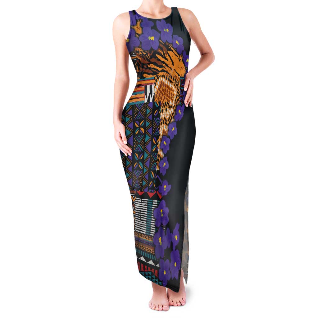 Africa Violets Flowers Tank Maxi Dress Mix Native Tribal Pattern - Wonder Print Shop