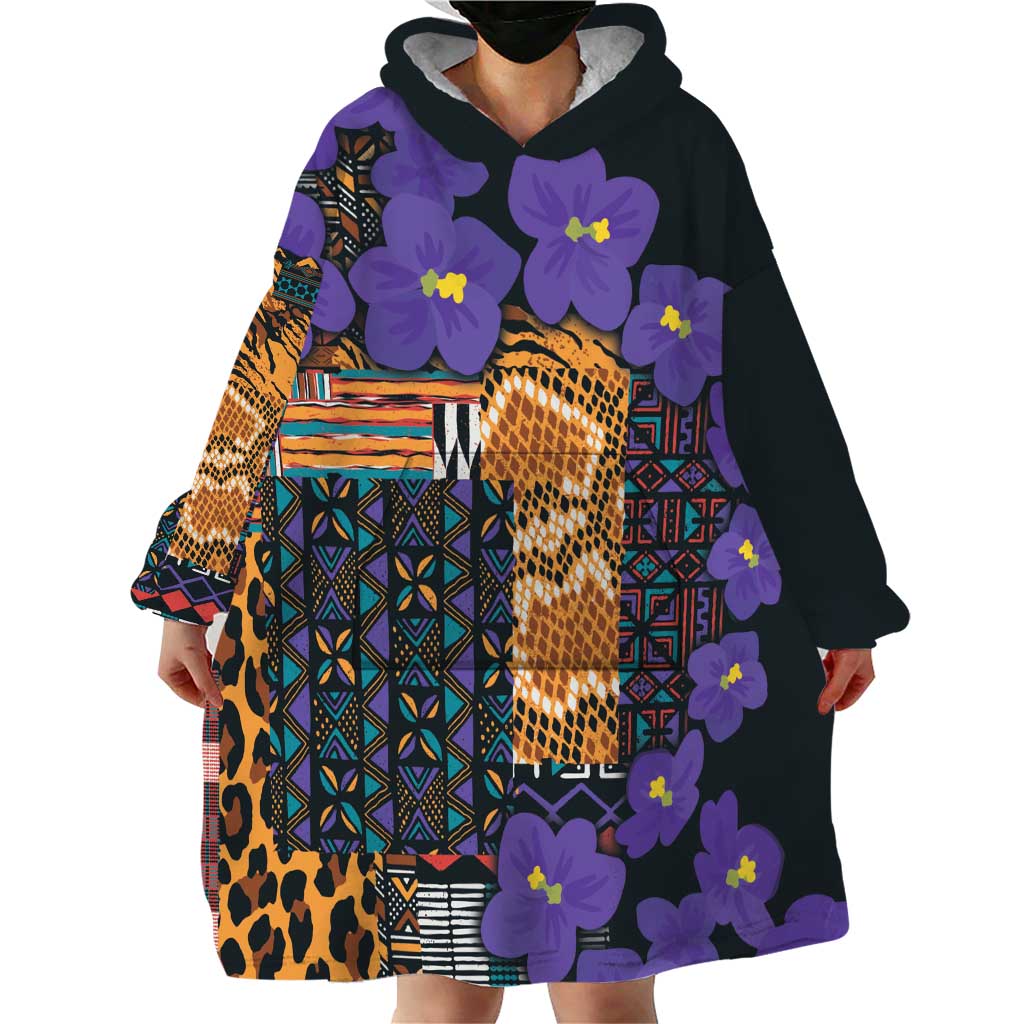Africa Violets Flowers Wearable Blanket Hoodie Mix Native Tribal Pattern - Wonder Print Shop