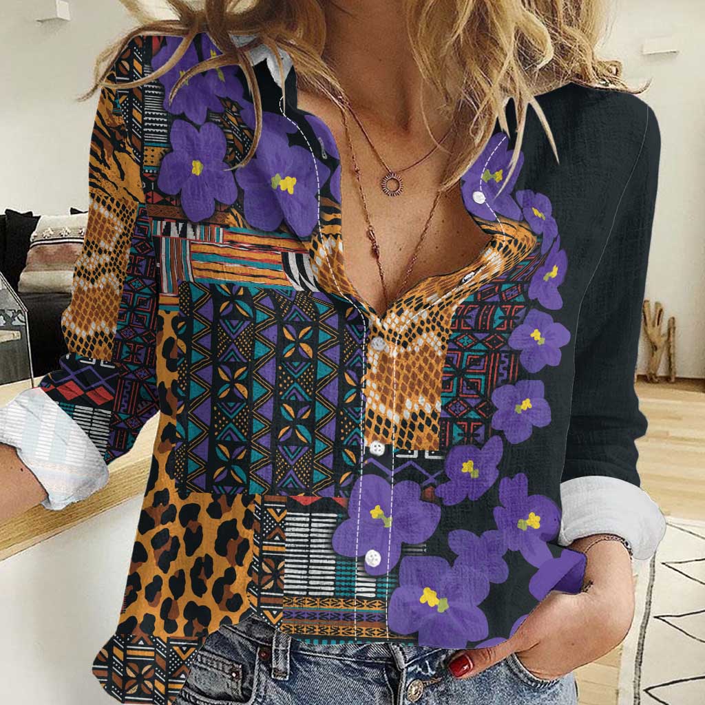 Africa Violets Flowers Women Casual Shirt Mix Native Tribal Pattern - Wonder Print Shop