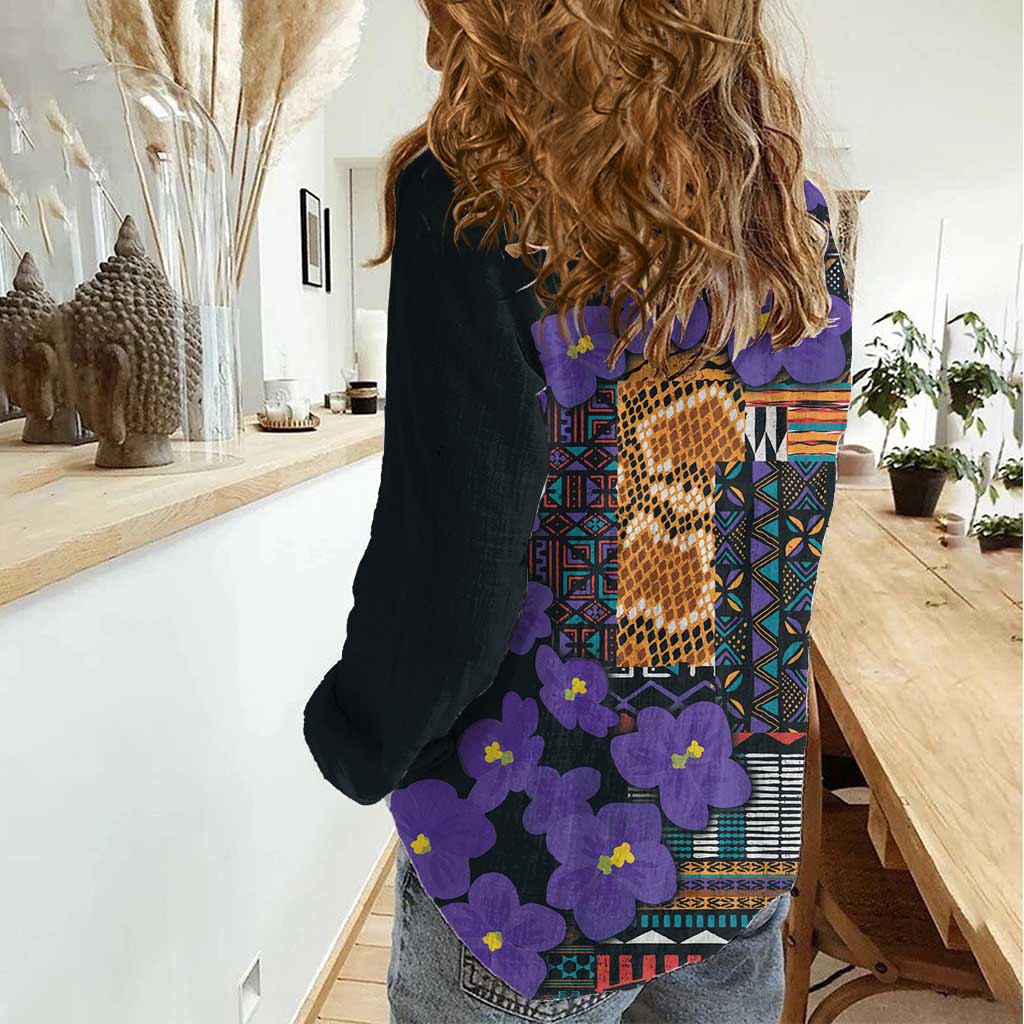 Africa Violets Flowers Women Casual Shirt Mix Native Tribal Pattern - Wonder Print Shop
