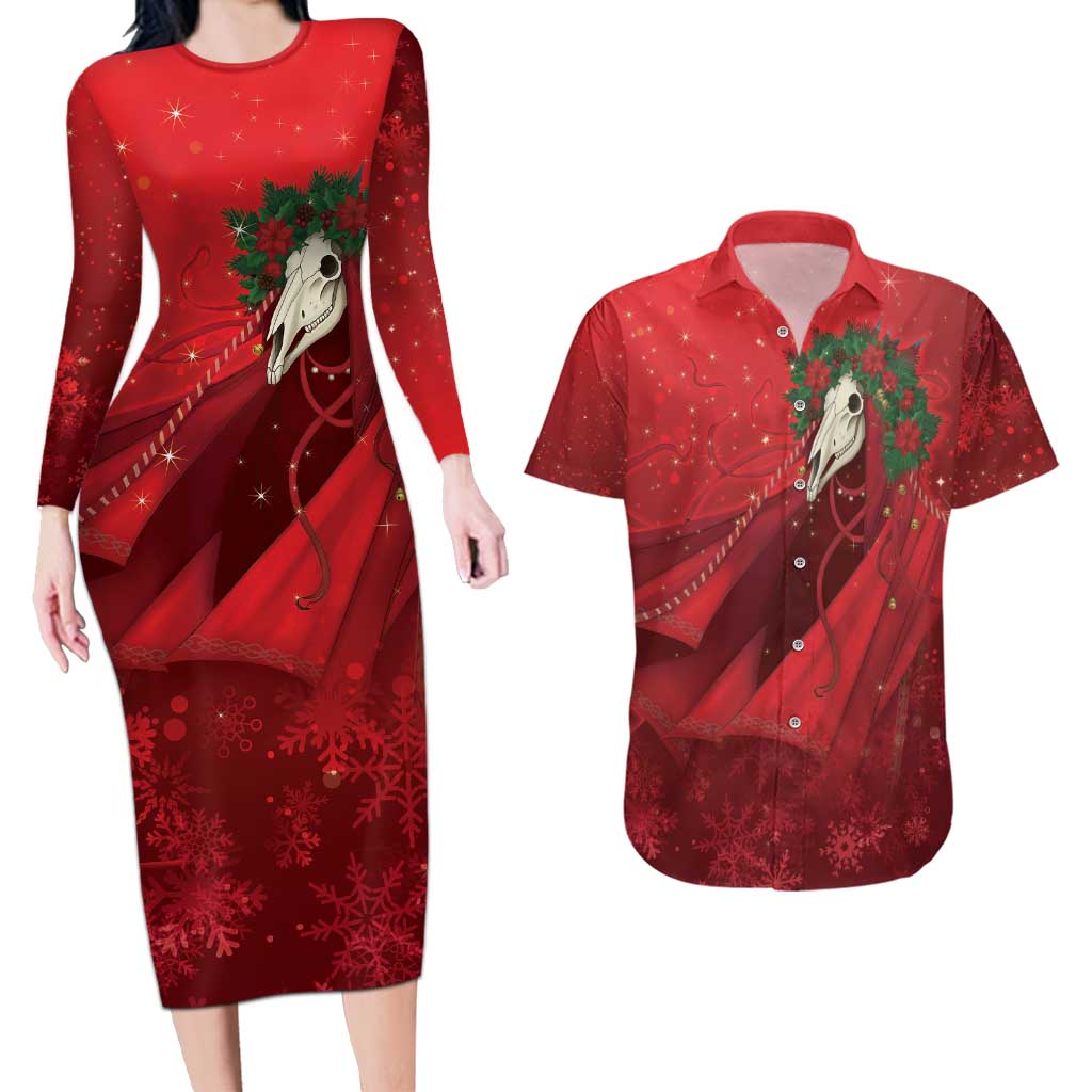 Merry Creepmas Mari Lwyd Couples Matching Long Sleeve Bodycon Dress and Hawaiian Shirt Folklore Ghost Horse Christmas - Wonder Print Shop