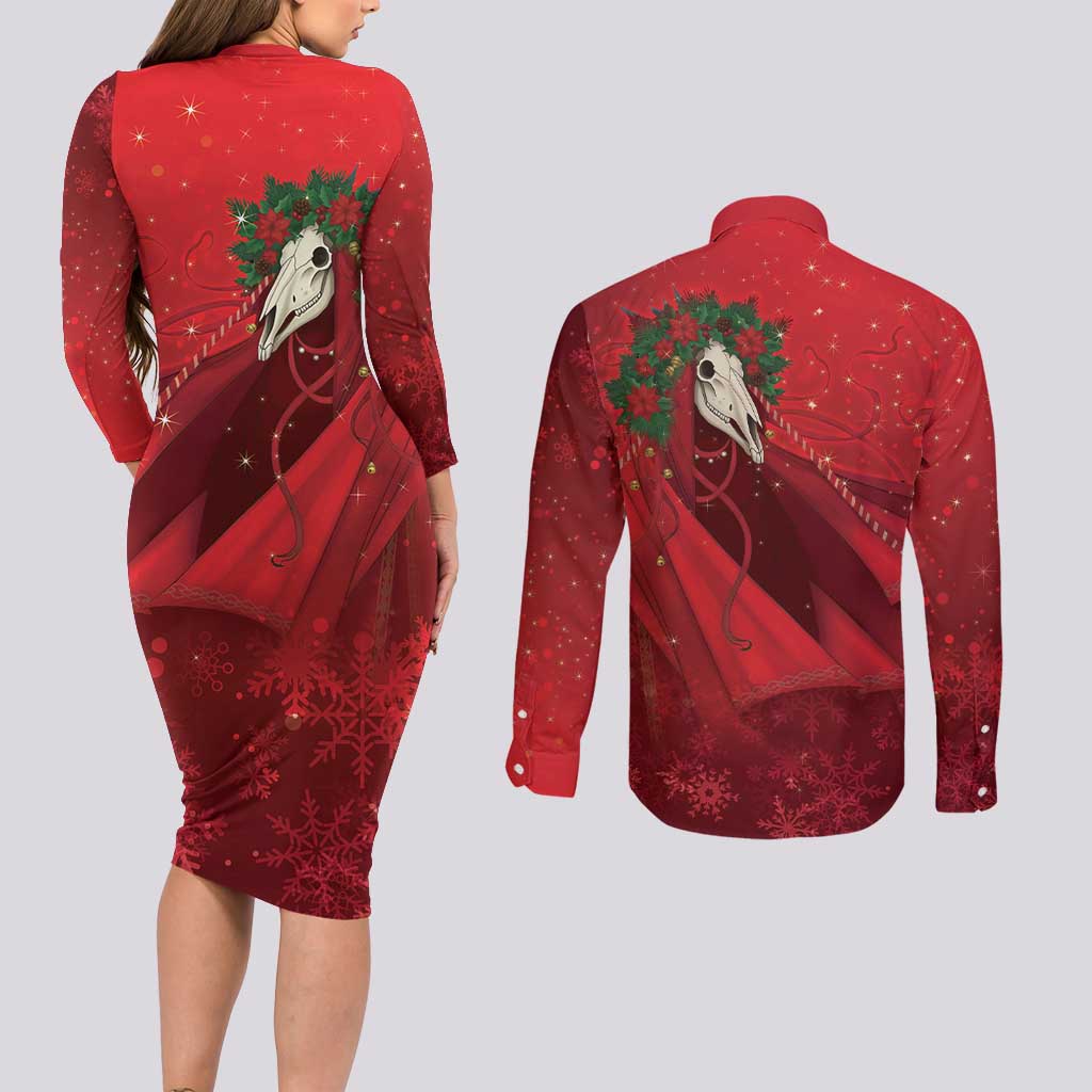 Merry Creepmas Mari Lwyd Couples Matching Long Sleeve Bodycon Dress and Long Sleeve Button Shirt Folklore Ghost Horse Christmas - Wonder Print Shop