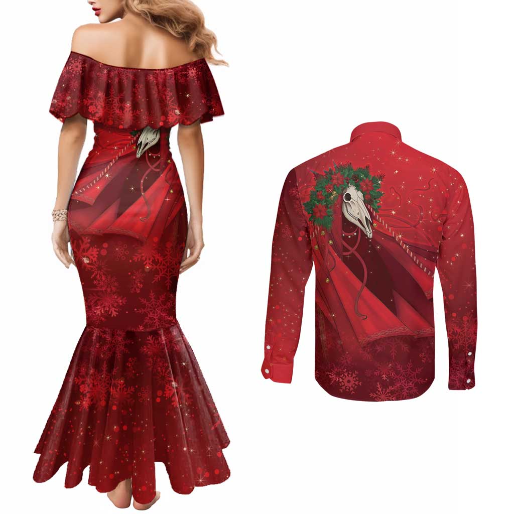 Merry Creepmas Mari Lwyd Couples Matching Mermaid Dress and Long Sleeve Button Shirt Folklore Ghost Horse Christmas - Wonder Print Shop