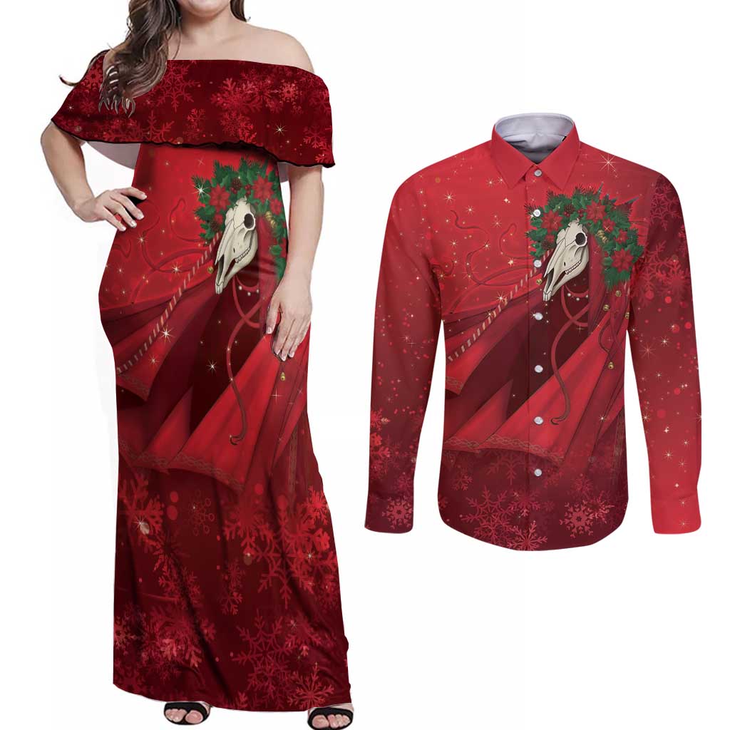 Merry Creepmas Mari Lwyd Couples Matching Off Shoulder Maxi Dress and Long Sleeve Button Shirt Folklore Ghost Horse Christmas - Wonder Print Shop