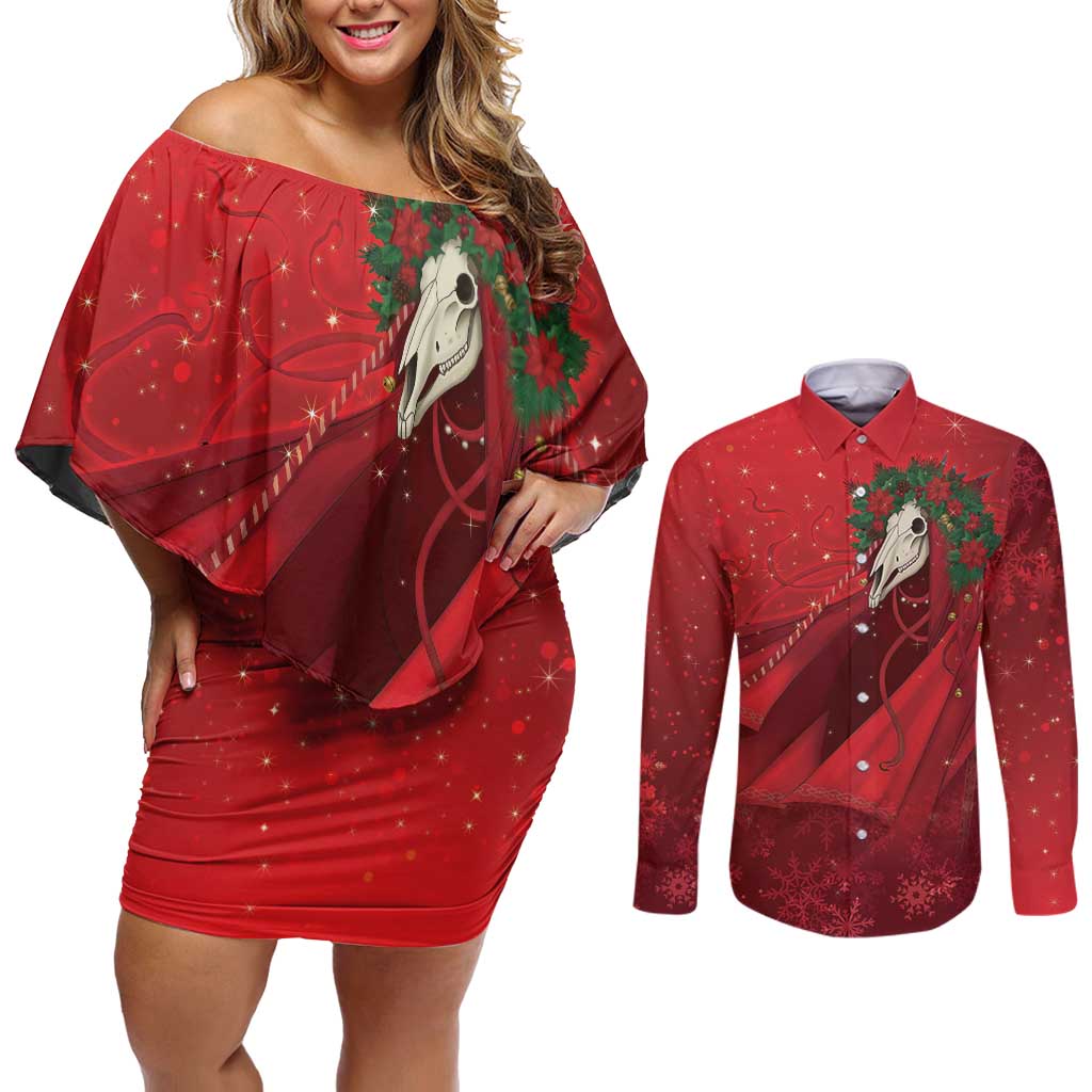 Merry Creepmas Mari Lwyd Couples Matching Off Shoulder Short Dress and Long Sleeve Button Shirt Folklore Ghost Horse Christmas - Wonder Print Shop