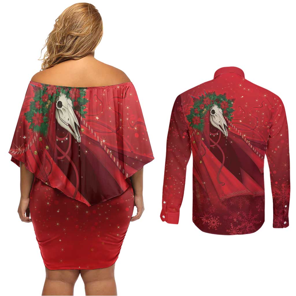 Merry Creepmas Mari Lwyd Couples Matching Off Shoulder Short Dress and Long Sleeve Button Shirt Folklore Ghost Horse Christmas - Wonder Print Shop
