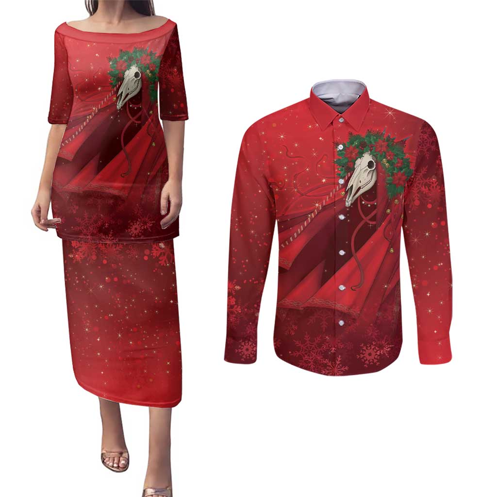 Merry Creepmas Mari Lwyd Couples Matching Puletasi and Long Sleeve Button Shirt Folklore Ghost Horse Christmas - Wonder Print Shop