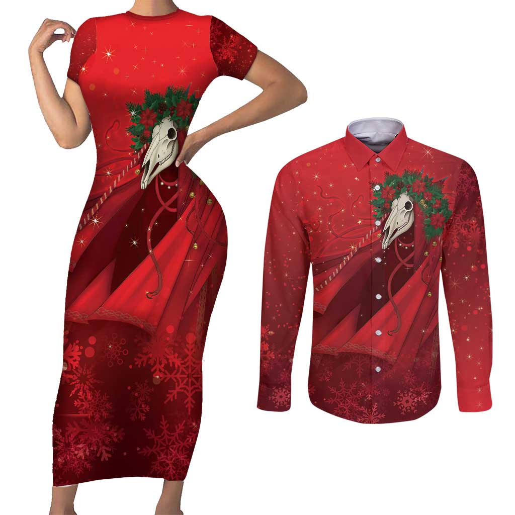Merry Creepmas Mari Lwyd Couples Matching Short Sleeve Bodycon Dress and Long Sleeve Button Shirt Folklore Ghost Horse Christmas - Wonder Print Shop