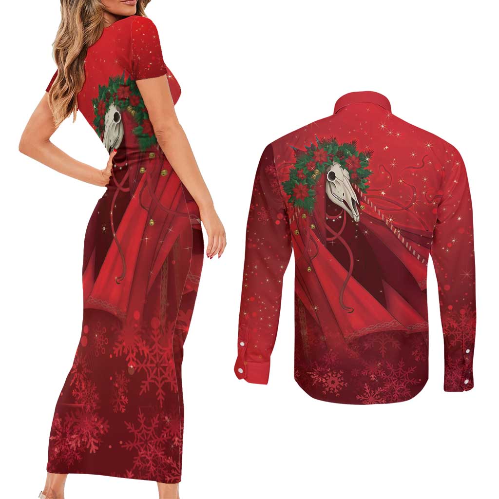 Merry Creepmas Mari Lwyd Couples Matching Short Sleeve Bodycon Dress and Long Sleeve Button Shirt Folklore Ghost Horse Christmas - Wonder Print Shop