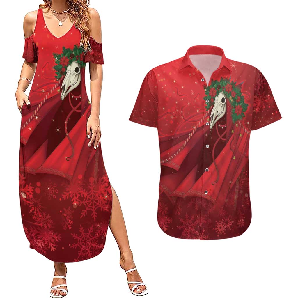 Merry Creepmas Mari Lwyd Couples Matching Summer Maxi Dress and Hawaiian Shirt Folklore Ghost Horse Christmas - Wonder Print Shop