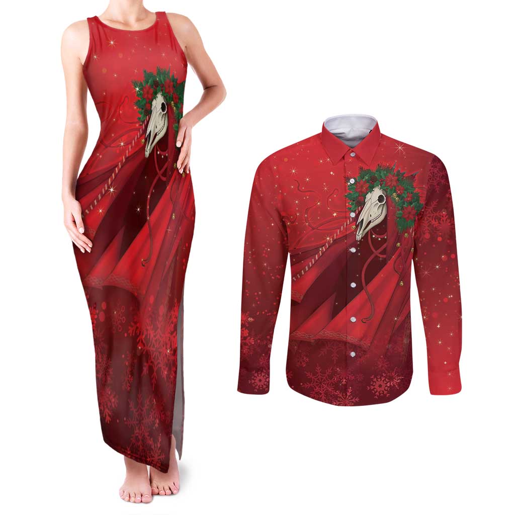 Merry Creepmas Mari Lwyd Couples Matching Tank Maxi Dress and Long Sleeve Button Shirt Folklore Ghost Horse Christmas - Wonder Print Shop