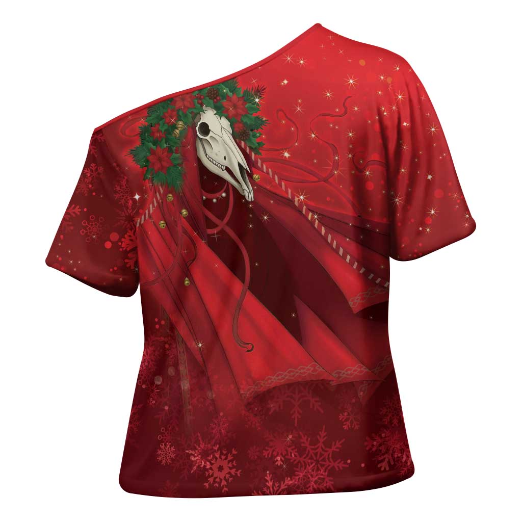 Merry Creepmas Mari Lwyd Cross Shoulder Shirt Folklore Ghost Horse Christmas - Wonder Print Shop