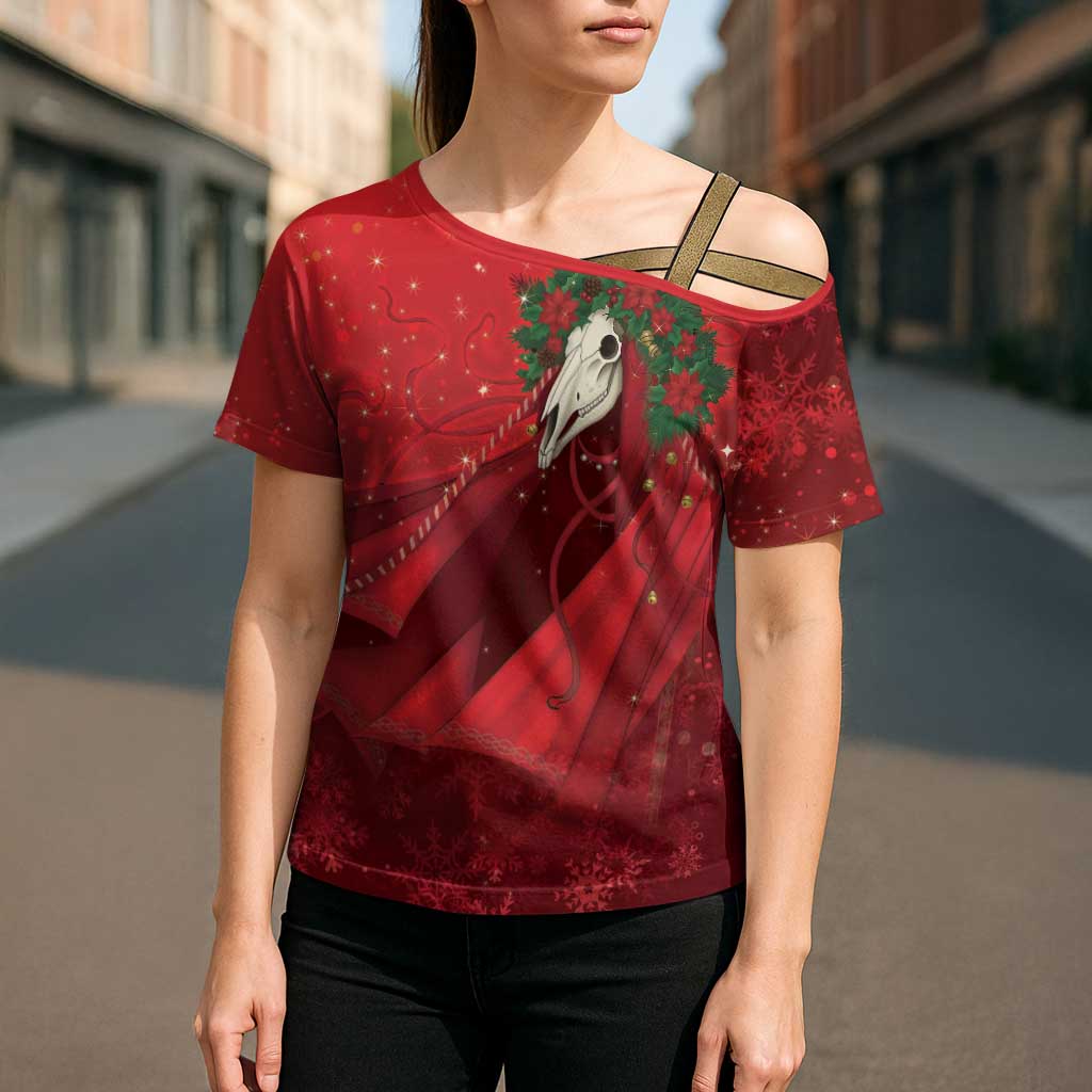 Merry Creepmas Mari Lwyd Cross Shoulder Shirt Folklore Ghost Horse Christmas - Wonder Print Shop