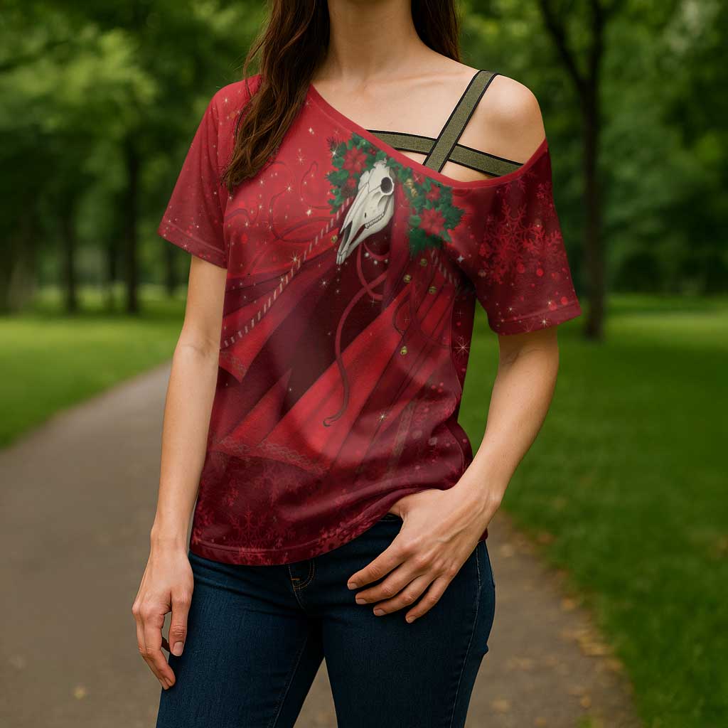 Merry Creepmas Mari Lwyd Cross Shoulder Shirt Folklore Ghost Horse Christmas - Wonder Print Shop