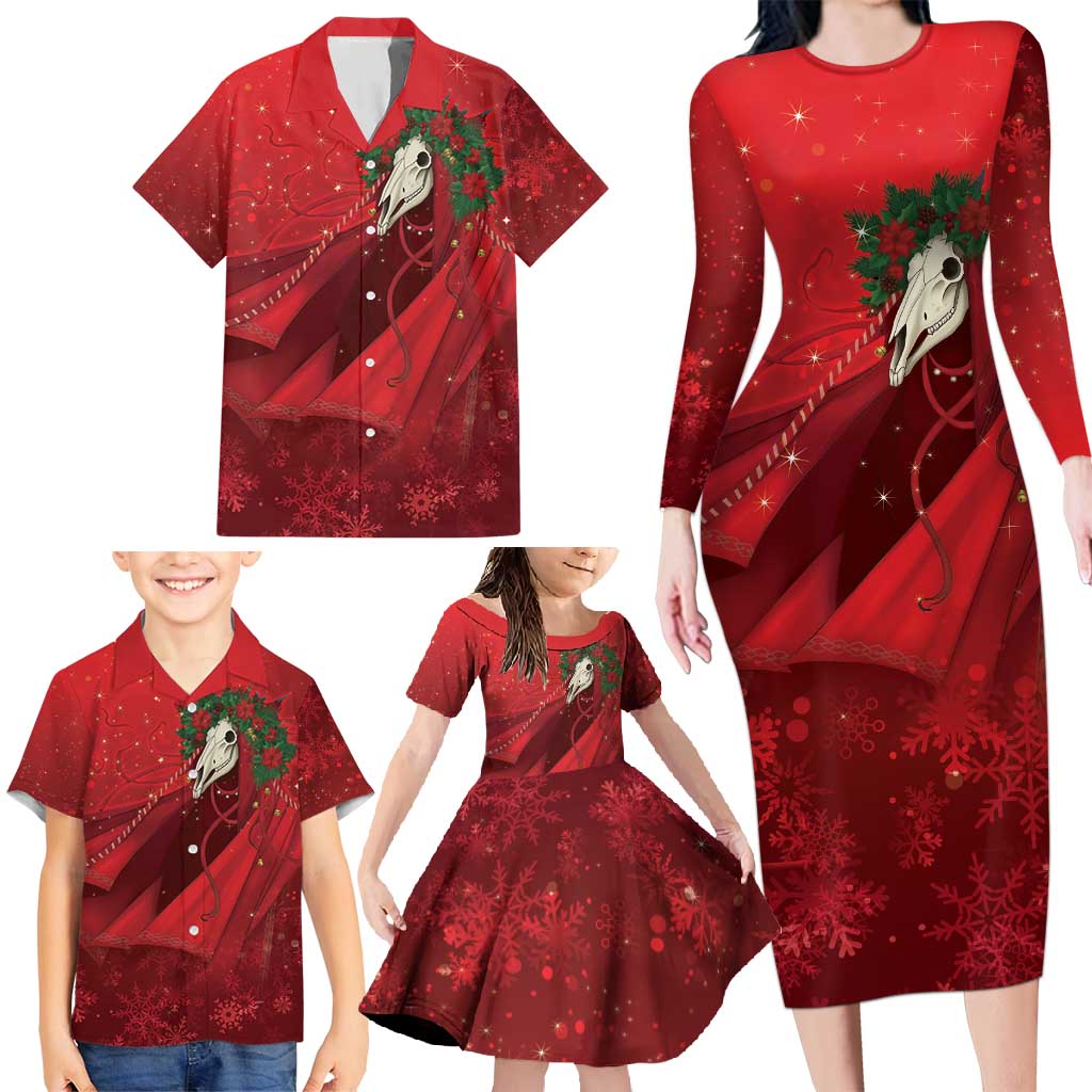 Merry Creepmas Mari Lwyd Family Matching Long Sleeve Bodycon Dress and Hawaiian Shirt Folklore Ghost Horse Christmas - Wonder Print Shop