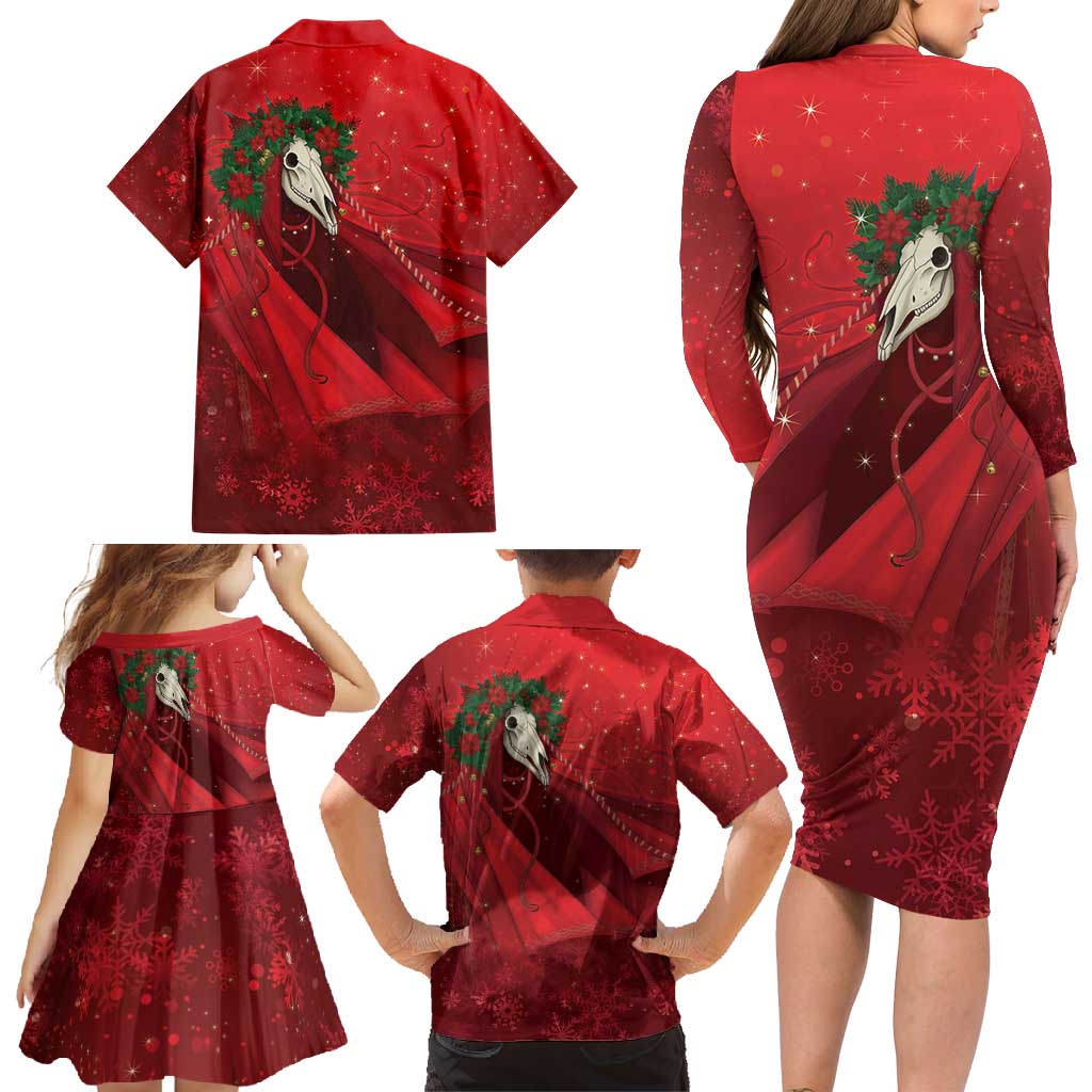 Merry Creepmas Mari Lwyd Family Matching Long Sleeve Bodycon Dress and Hawaiian Shirt Folklore Ghost Horse Christmas - Wonder Print Shop