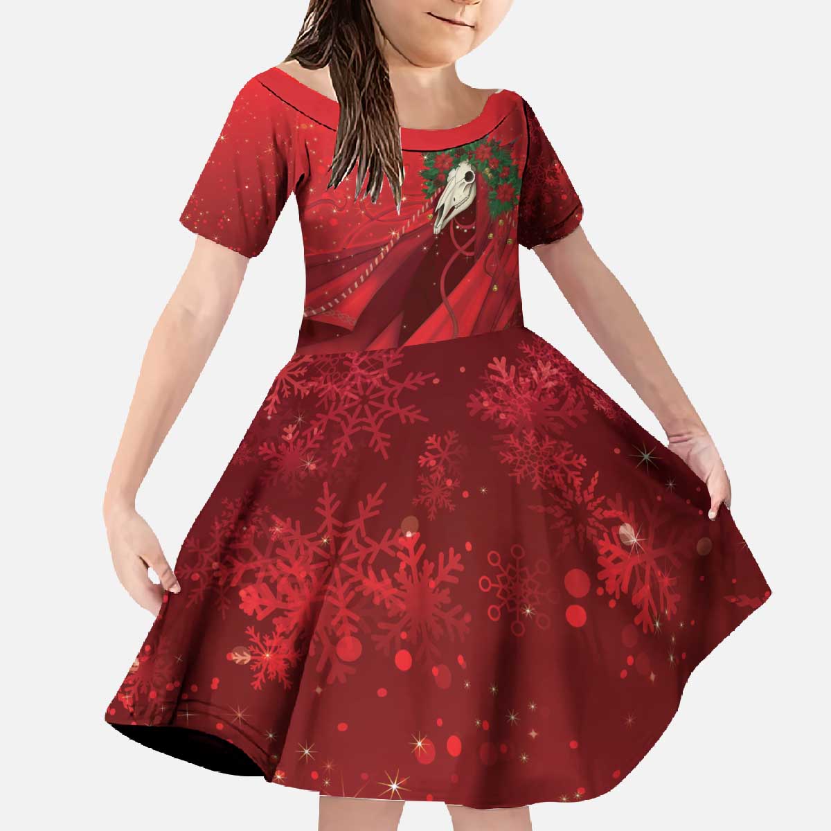 Merry Creepmas Mari Lwyd Family Matching Off The Shoulder Long Sleeve Dress and Hawaiian Shirt Folklore Ghost Horse Christmas - Wonder Print Shop