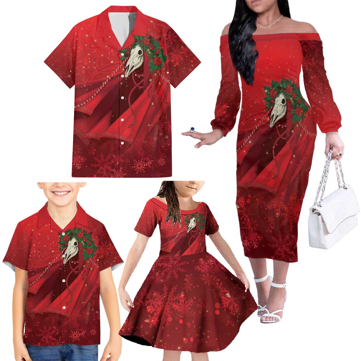 Merry Creepmas Mari Lwyd Family Matching Off The Shoulder Long Sleeve Dress and Hawaiian Shirt Folklore Ghost Horse Christmas - Wonder Print Shop