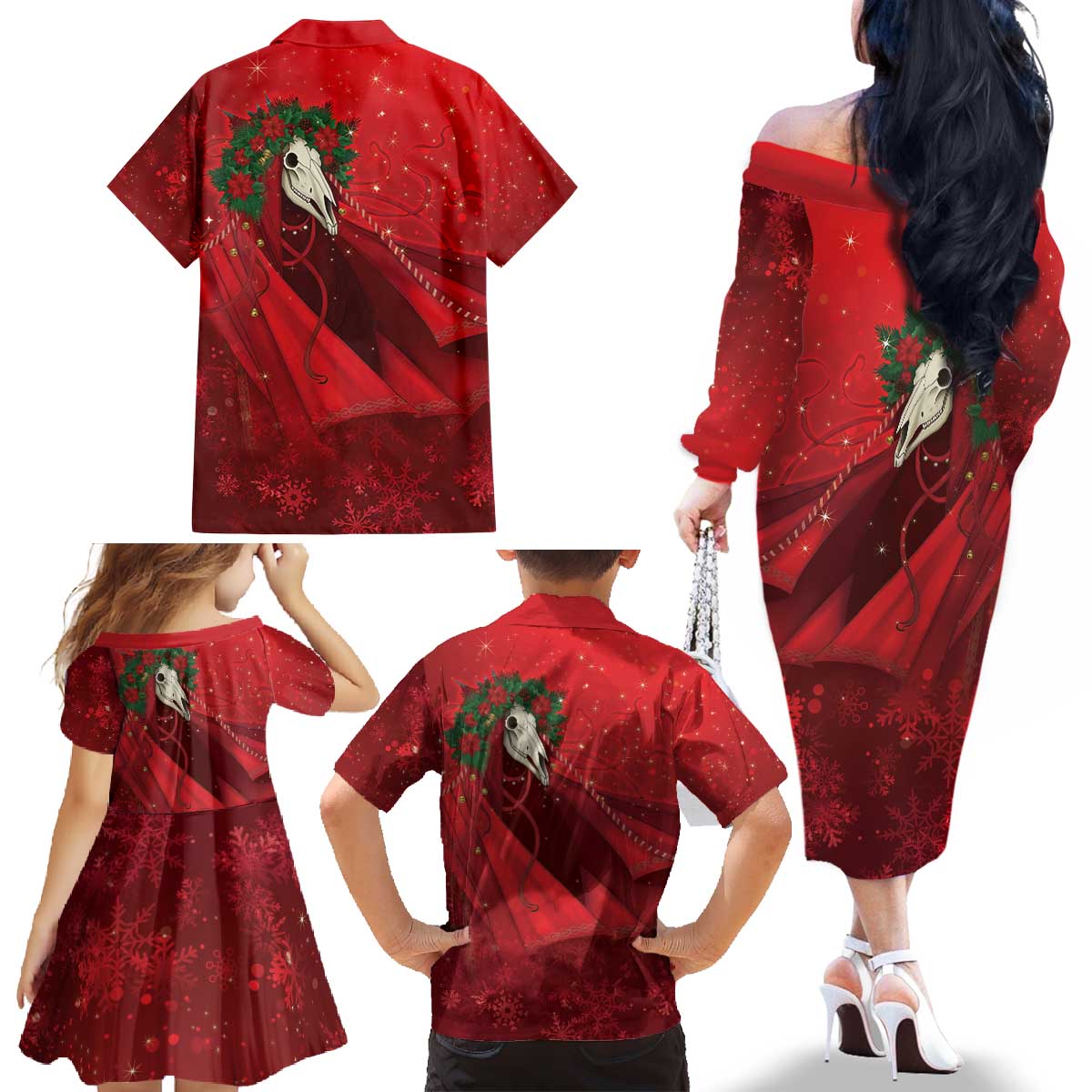 Merry Creepmas Mari Lwyd Family Matching Off The Shoulder Long Sleeve Dress and Hawaiian Shirt Folklore Ghost Horse Christmas - Wonder Print Shop