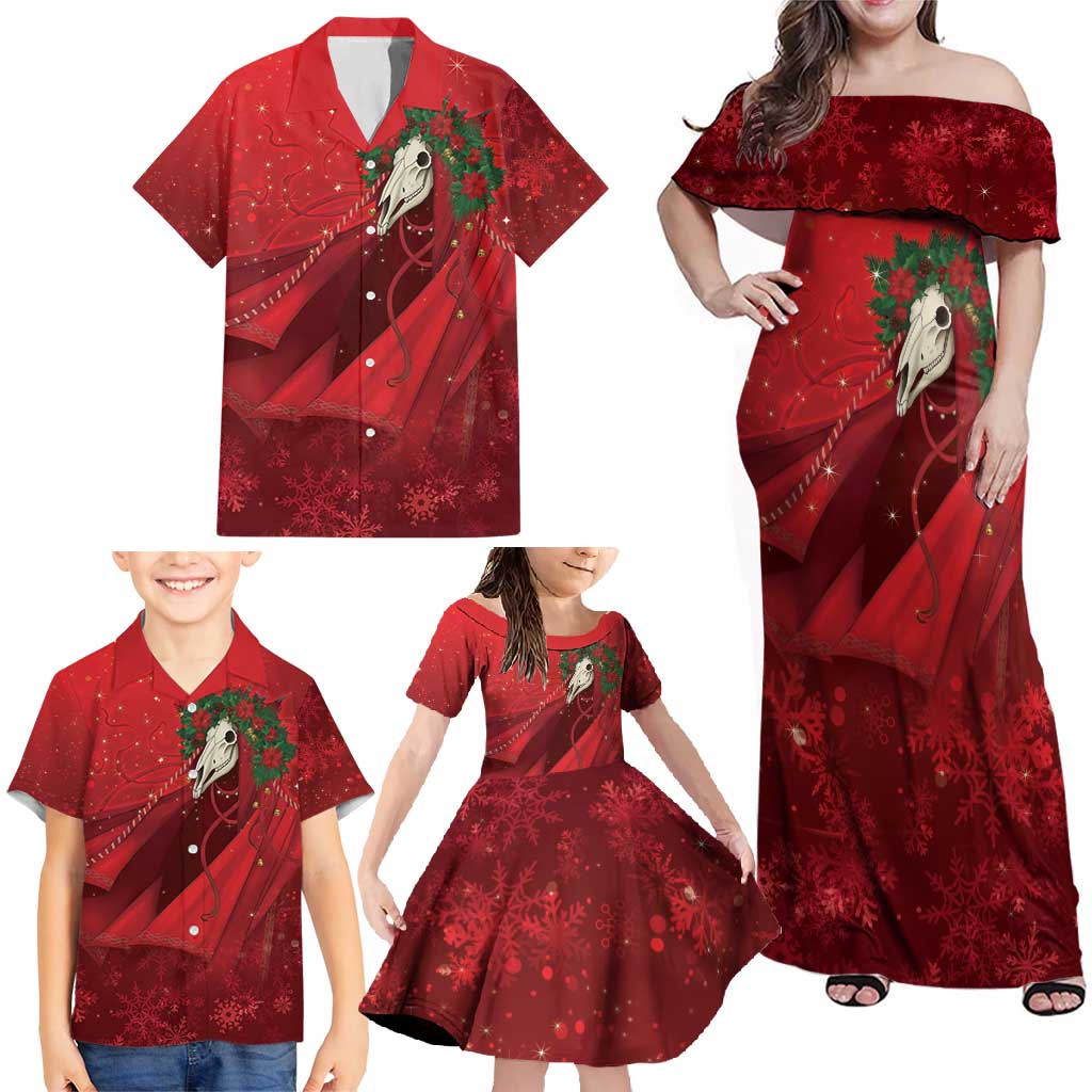 Merry Creepmas Mari Lwyd Family Matching Off Shoulder Maxi Dress and Hawaiian Shirt Folklore Ghost Horse Christmas - Wonder Print Shop