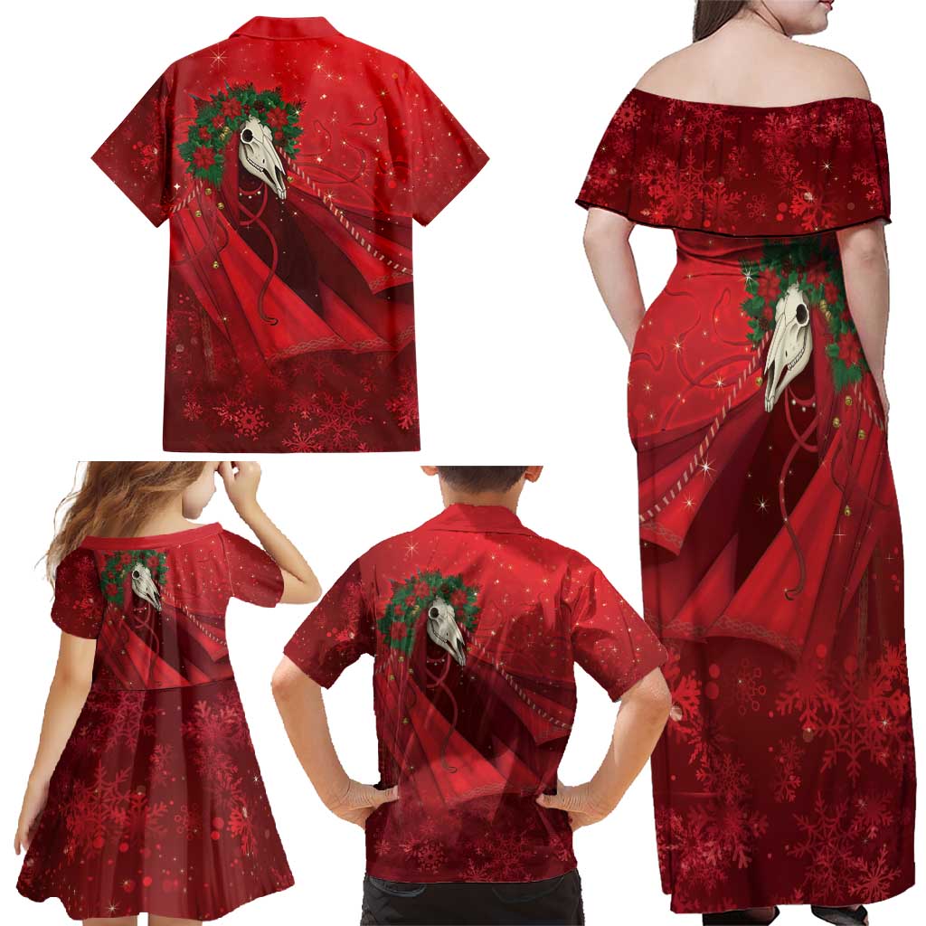 Merry Creepmas Mari Lwyd Family Matching Off Shoulder Maxi Dress and Hawaiian Shirt Folklore Ghost Horse Christmas - Wonder Print Shop