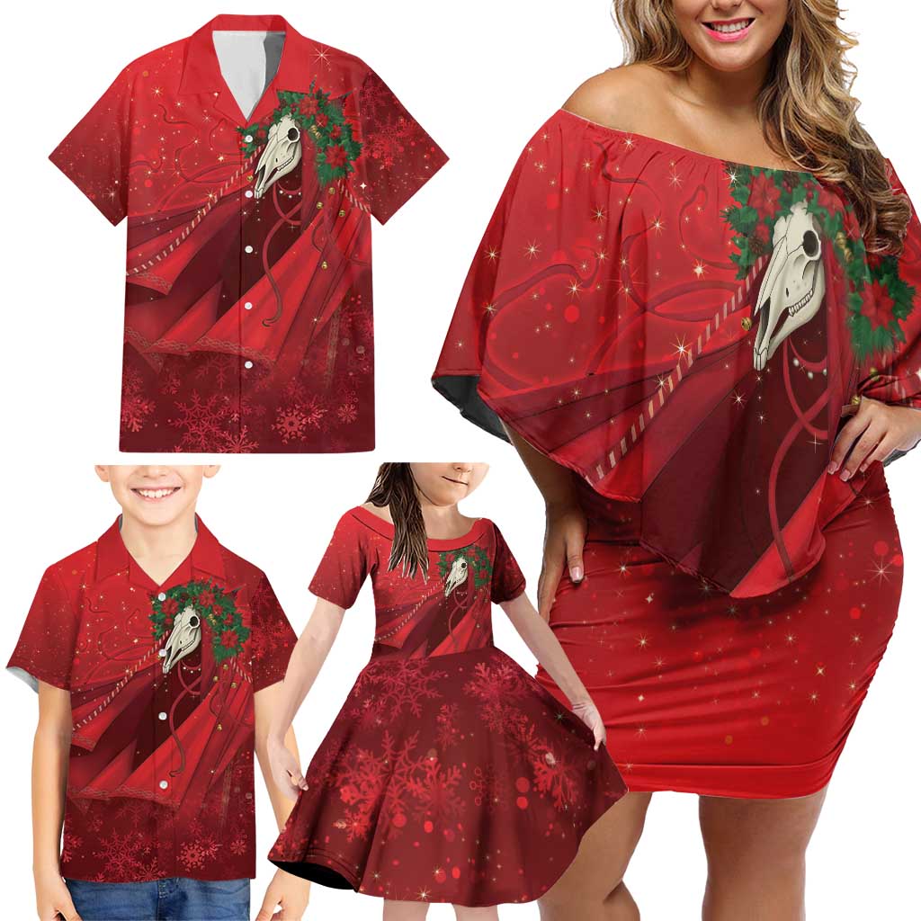 Merry Creepmas Mari Lwyd Family Matching Off Shoulder Short Dress and Hawaiian Shirt Folklore Ghost Horse Christmas - Wonder Print Shop