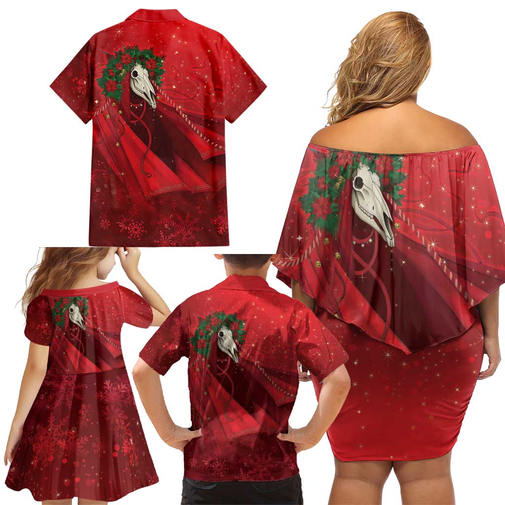 Merry Creepmas Mari Lwyd Family Matching Off Shoulder Short Dress and Hawaiian Shirt Folklore Ghost Horse Christmas - Wonder Print Shop
