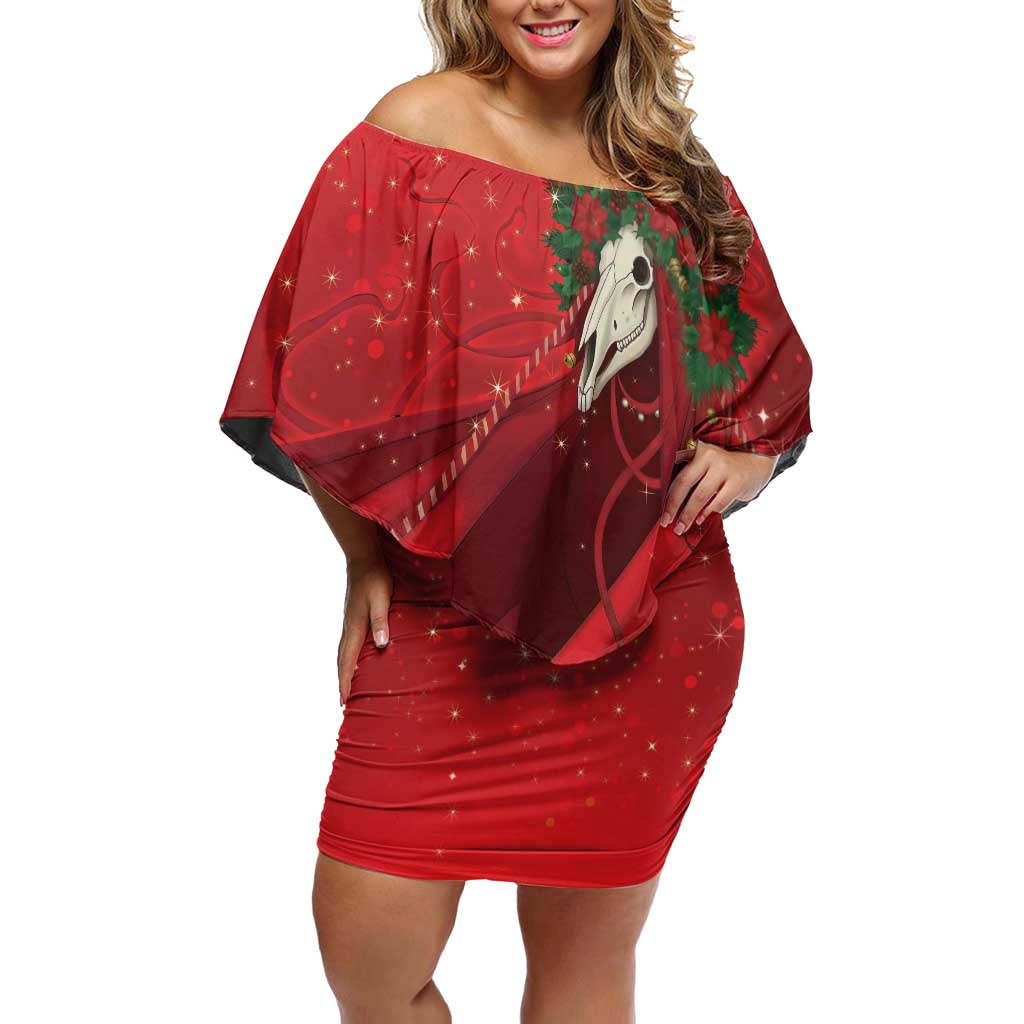 Merry Creepmas Mari Lwyd Family Matching Off Shoulder Short Dress and Hawaiian Shirt Folklore Ghost Horse Christmas - Wonder Print Shop