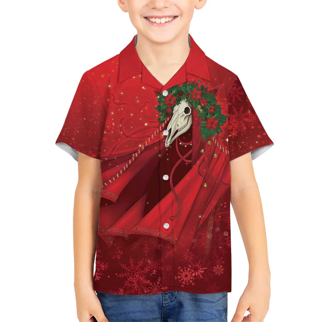 Merry Creepmas Mari Lwyd Family Matching Off Shoulder Short Dress and Hawaiian Shirt Folklore Ghost Horse Christmas - Wonder Print Shop