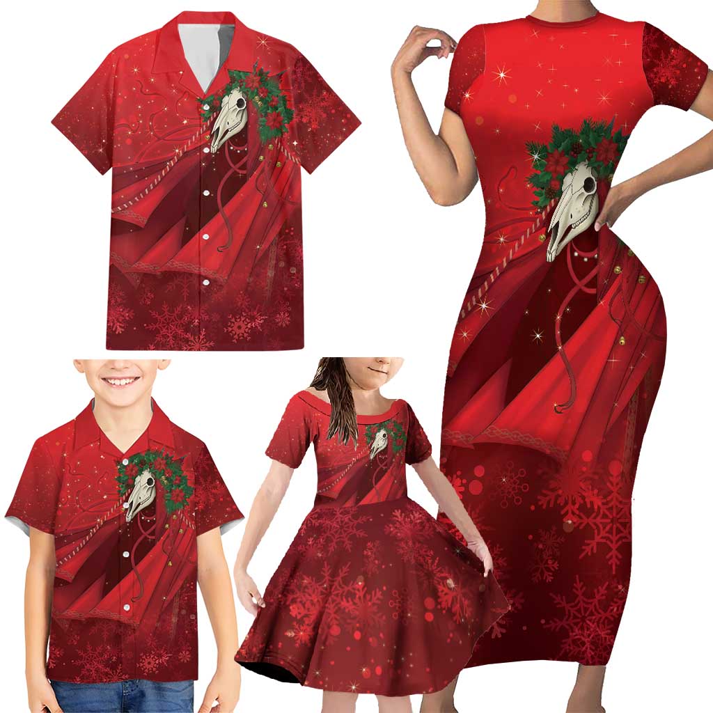 Merry Creepmas Mari Lwyd Family Matching Short Sleeve Bodycon Dress and Hawaiian Shirt Folklore Ghost Horse Christmas - Wonder Print Shop