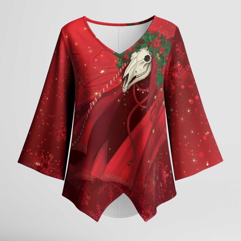 Merry Creepmas Mari Lwyd Kimono Sleeve Blouse Folklore Ghost Horse Christmas - Wonder Print Shop