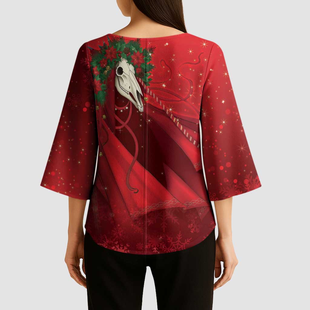 Merry Creepmas Mari Lwyd Kimono Sleeve Blouse Folklore Ghost Horse Christmas - Wonder Print Shop