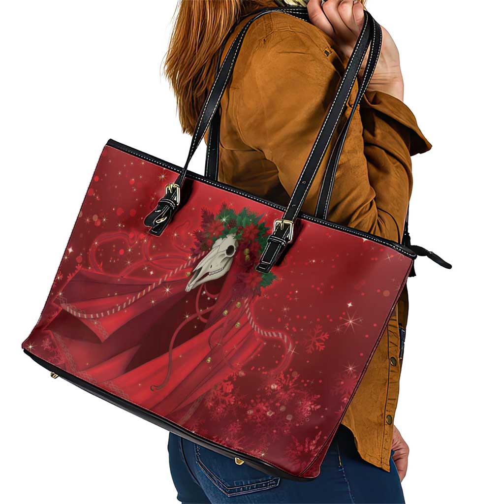 Merry Creepmas Mari Lwyd Leather Tote Bag Folklore Ghost Horse Christmas - Wonder Print Shop