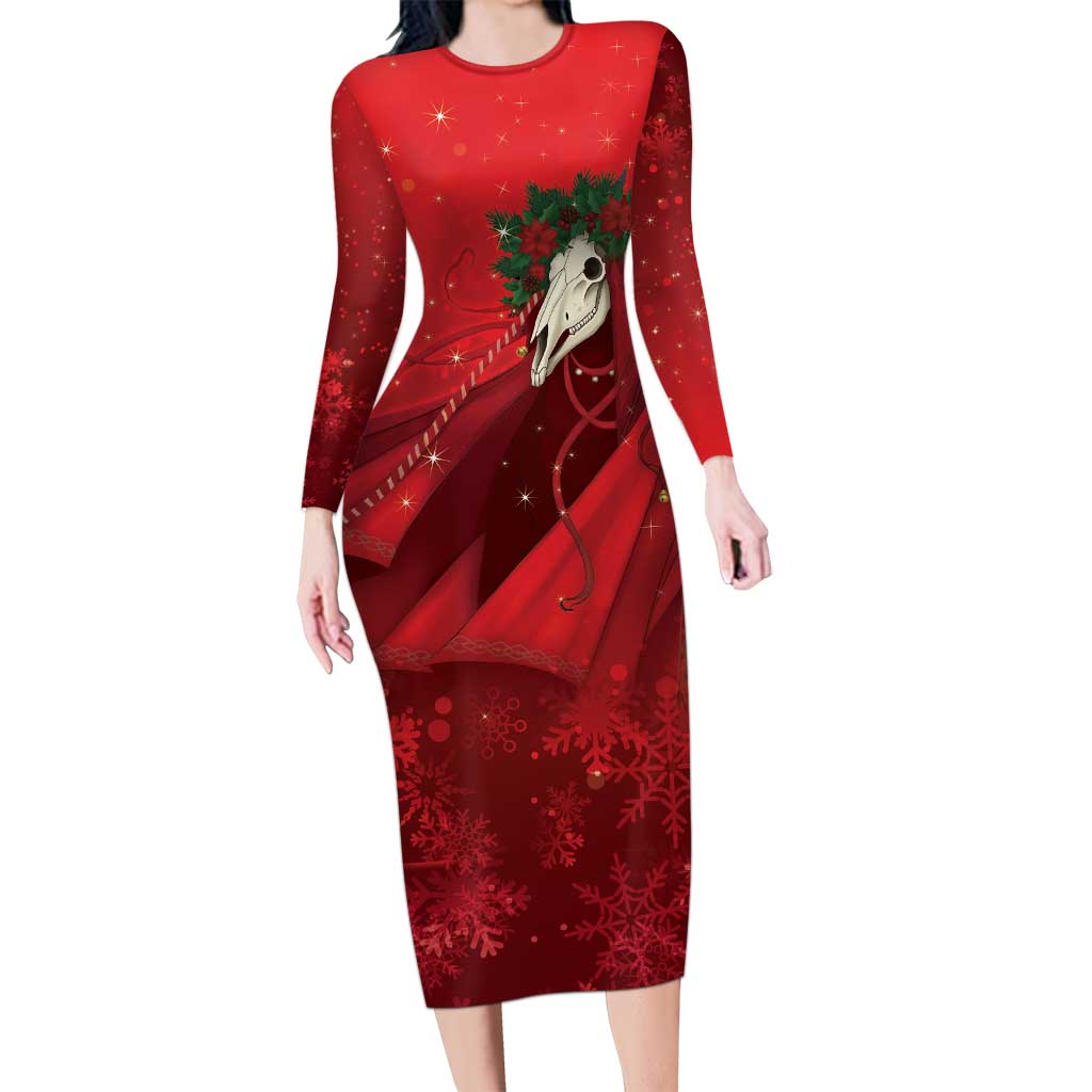 Merry Creepmas Mari Lwyd Long Sleeve Bodycon Dress Folklore Ghost Horse Christmas - Wonder Print Shop