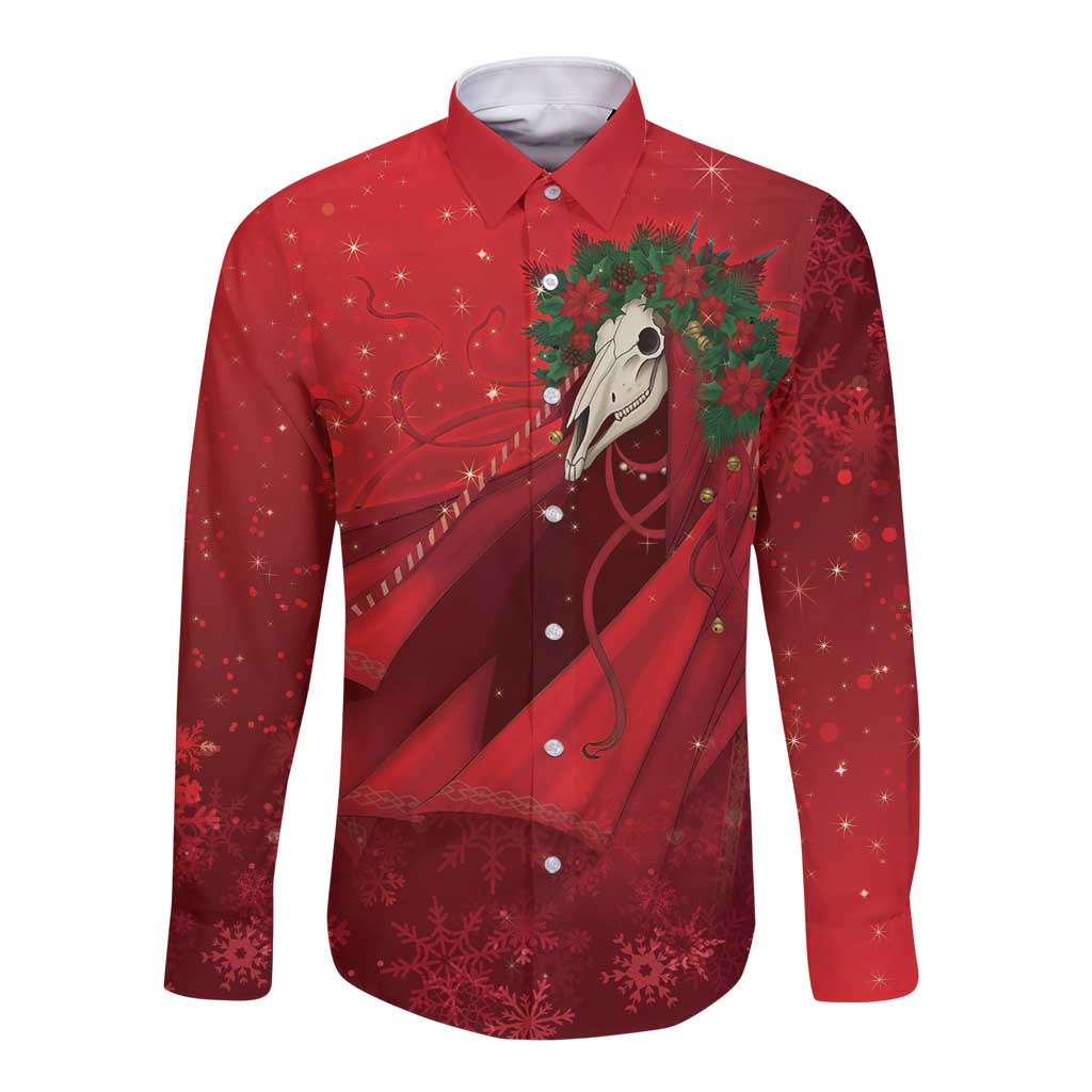 Merry Creepmas Mari Lwyd Long Sleeve Button Shirt Folklore Ghost Horse Christmas - Wonder Print Shop