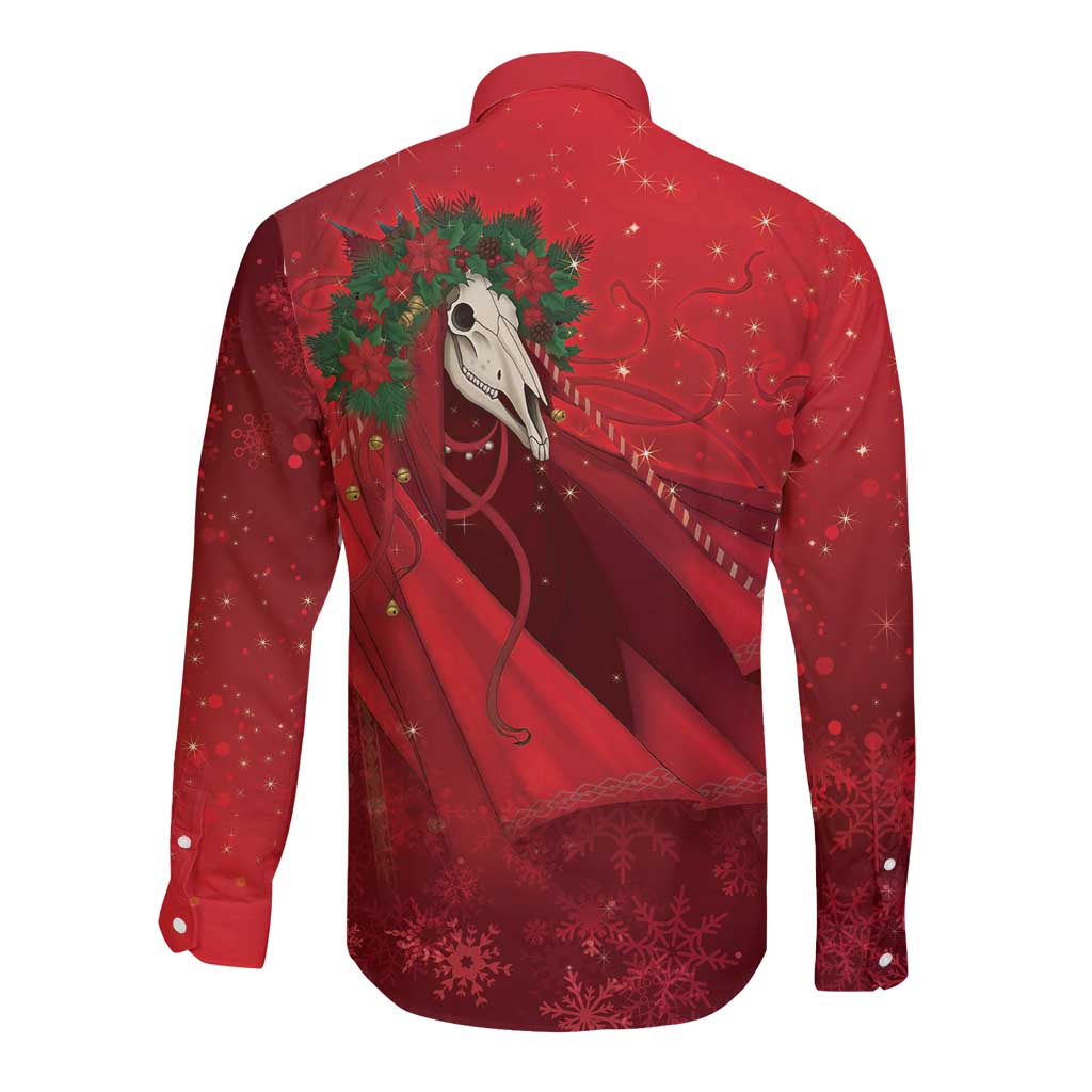 Merry Creepmas Mari Lwyd Long Sleeve Button Shirt Folklore Ghost Horse Christmas - Wonder Print Shop