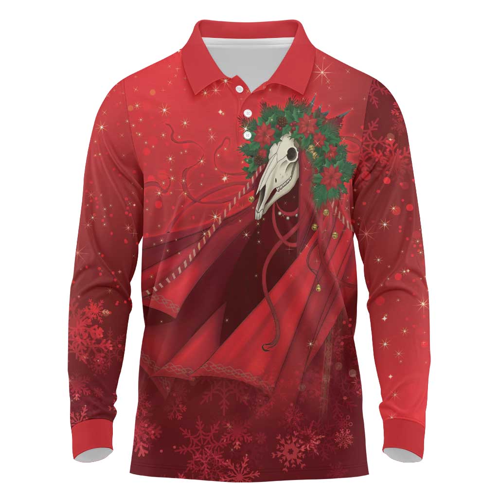 Merry Creepmas Mari Lwyd Long Sleeve Polo Shirt Folklore Ghost Horse Christmas - Wonder Print Shop