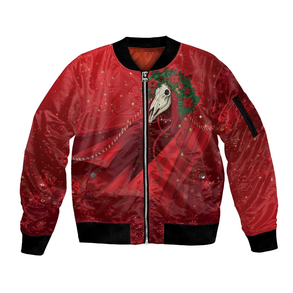 Merry Creepmas Mari Lwyd Sleeve Zip Bomber Jacket Folklore Ghost Horse Christmas - Wonder Print Shop