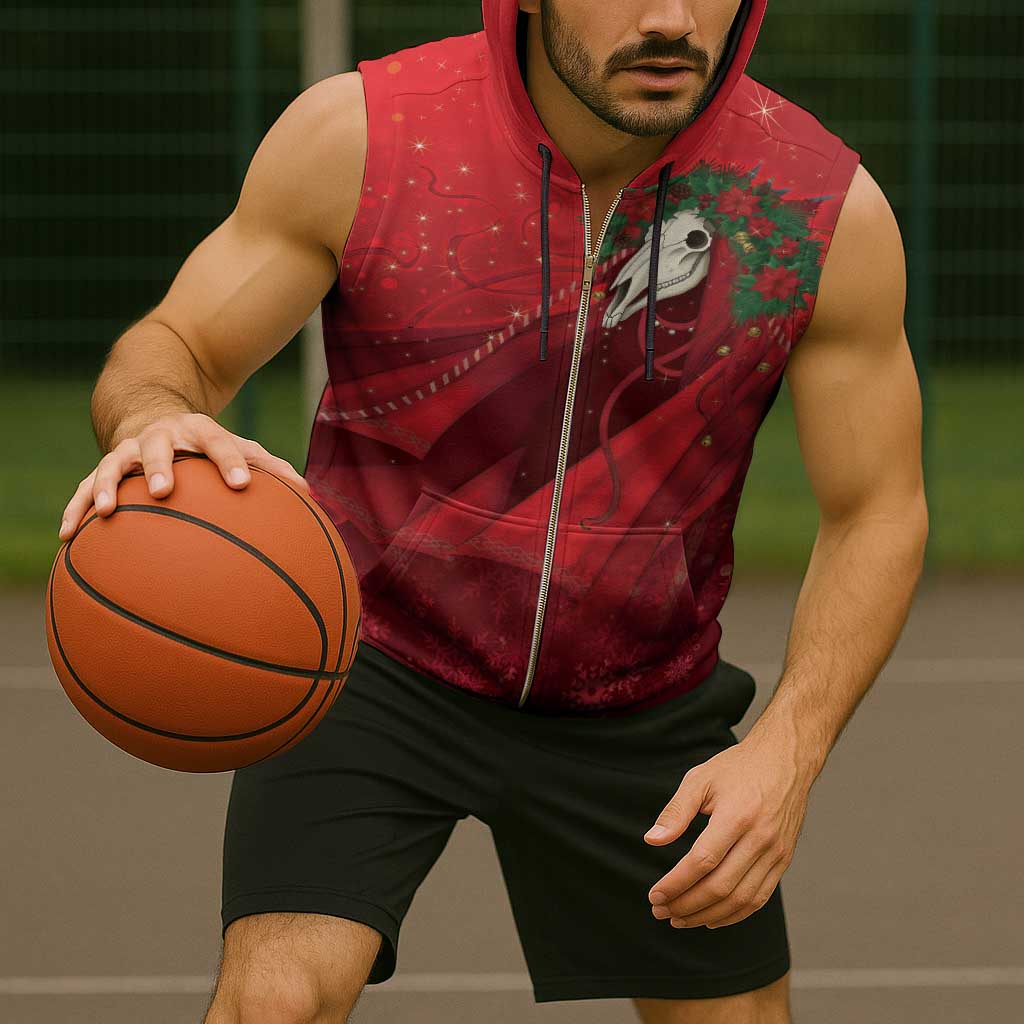 Merry Creepmas Mari Lwyd Sleeveless Zip Hoodie Folklore Ghost Horse Christmas - Wonder Print Shop