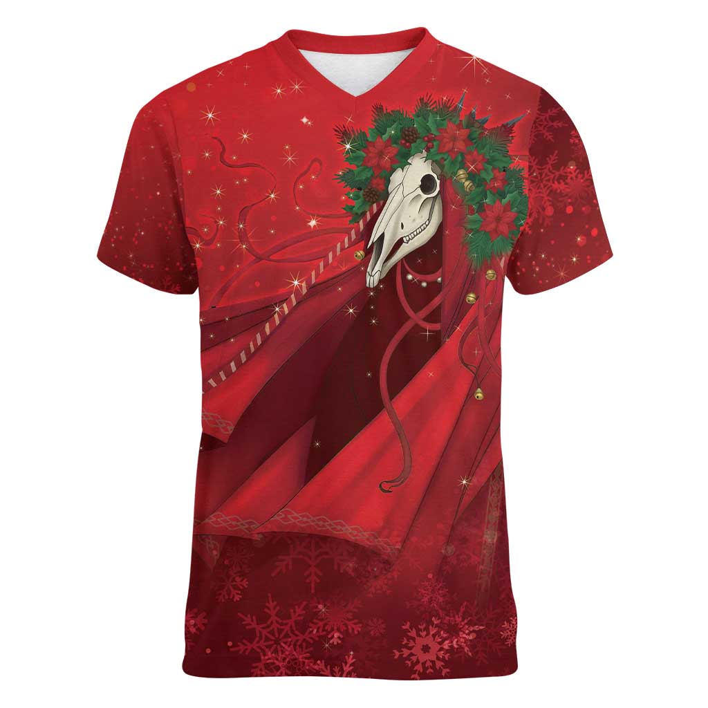 Merry Creepmas Mari Lwyd Women V-Neck T-Shirt Folklore Ghost Horse Christmas - Wonder Print Shop