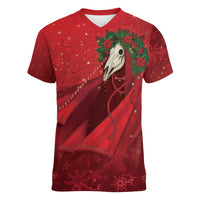 Merry Creepmas Mari Lwyd Women V-Neck T-Shirt Folklore Ghost Horse Christmas - Wonder Print Shop