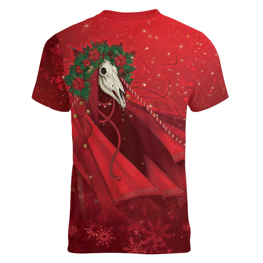 Merry Creepmas Mari Lwyd Women V-Neck T-Shirt Folklore Ghost Horse Christmas - Wonder Print Shop