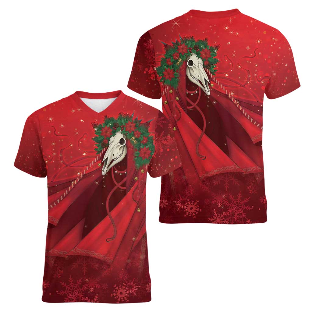 Merry Creepmas Mari Lwyd Women V-Neck T-Shirt Folklore Ghost Horse Christmas - Wonder Print Shop