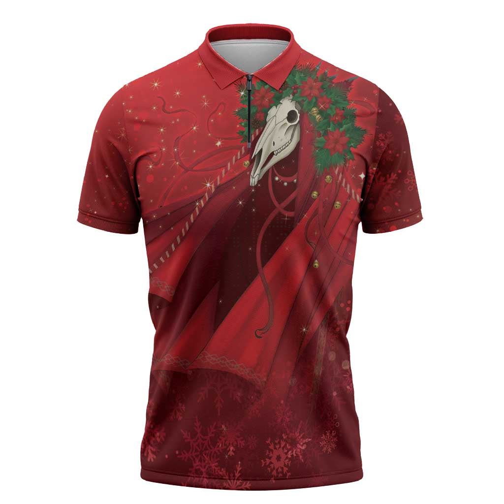 Merry Creepmas Mari Lwyd Zipper Polo Shirt Folklore Ghost Horse Christmas - Wonder Print Shop