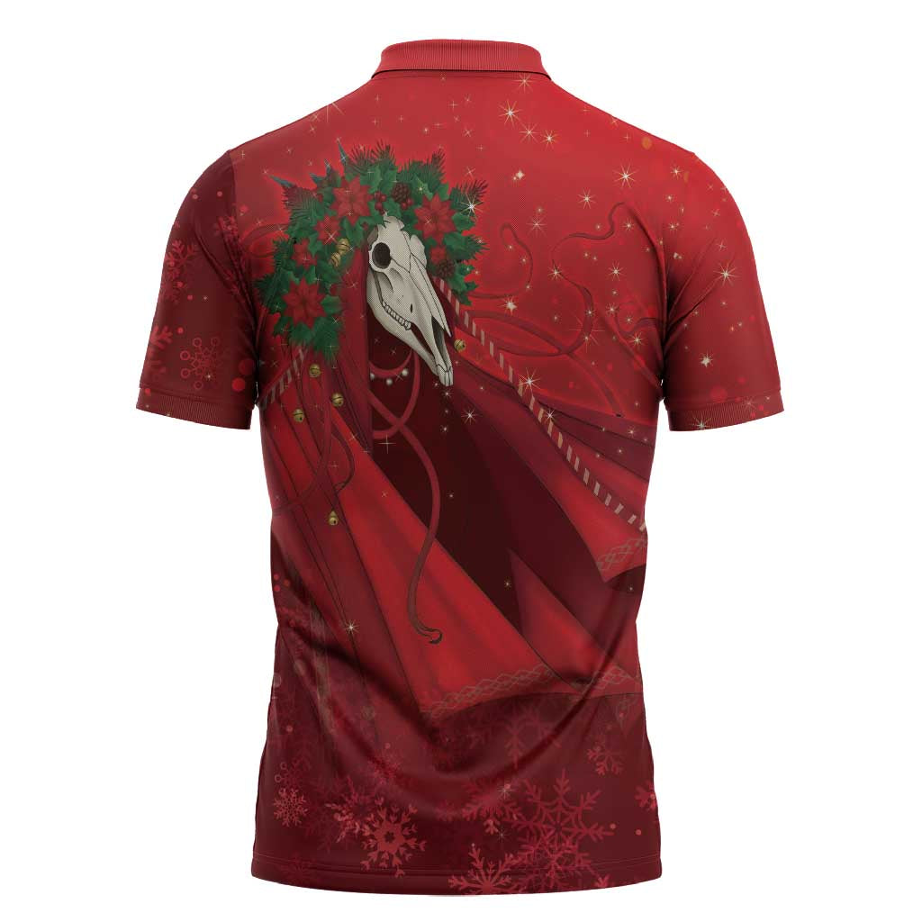 Merry Creepmas Mari Lwyd Zipper Polo Shirt Folklore Ghost Horse Christmas - Wonder Print Shop
