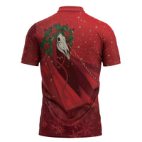 Merry Creepmas Mari Lwyd Zipper Polo Shirt Folklore Ghost Horse Christmas - Wonder Print Shop