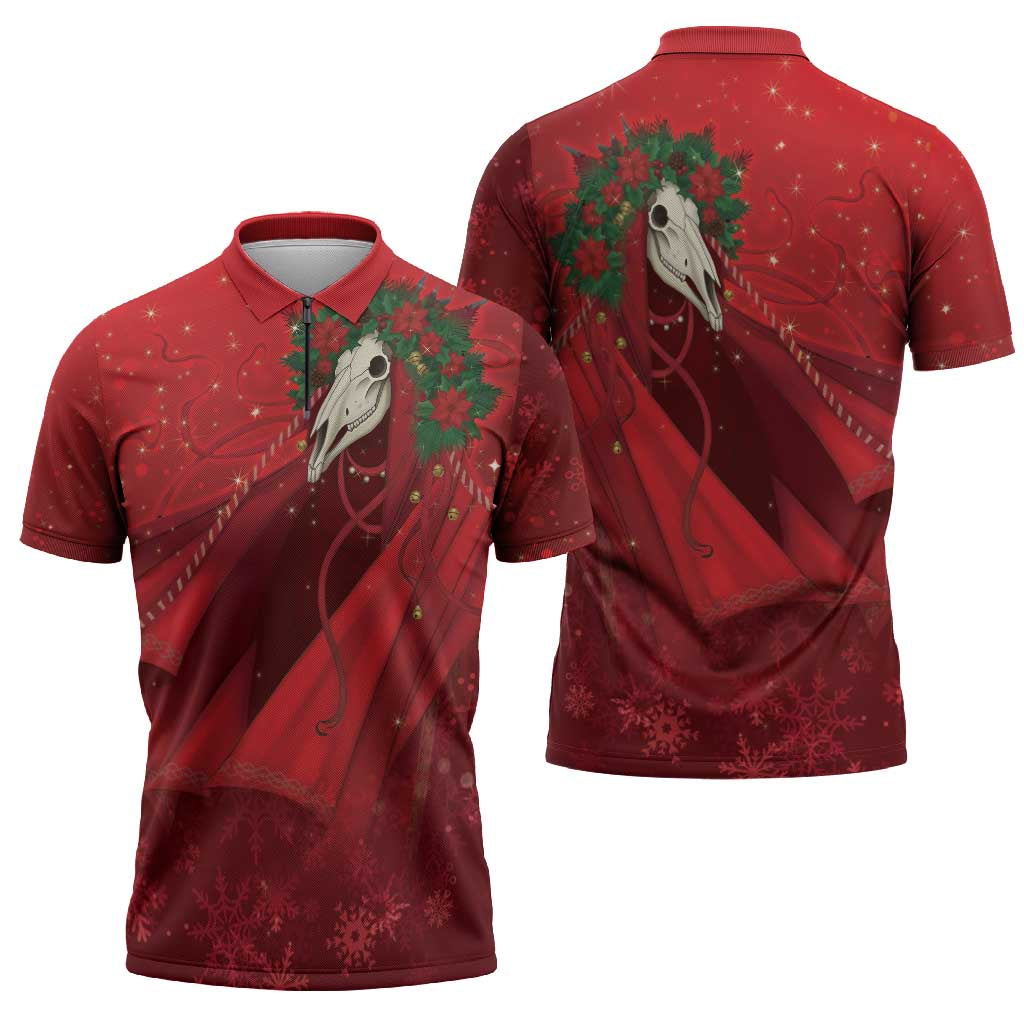 Merry Creepmas Mari Lwyd Zipper Polo Shirt Folklore Ghost Horse Christmas - Wonder Print Shop