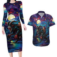 Stained Glass Krampus Couples Matching Long Sleeve Bodycon Dress and Hawaiian Shirt Gothic Christmas Myth - Wonder Print Shop